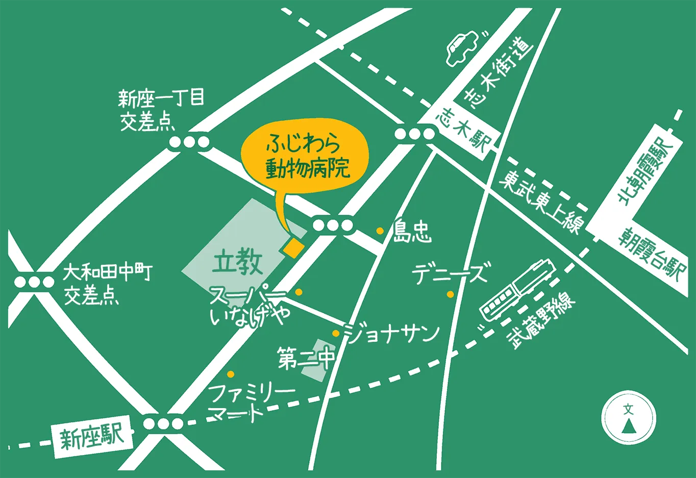 東武東上線志木駅およびJR武蔵野線新座駅から車・徒歩で向かう『ふじわら動物病院』への行き方地図。立教大学近くのすーぱーいなげや近くにあることを示しています。